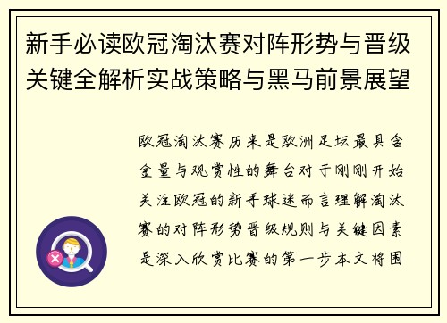 新手必读欧冠淘汰赛对阵形势与晋级关键全解析实战策略与黑马前景展望