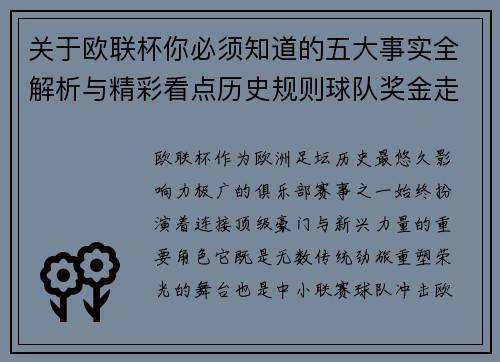 关于欧联杯你必须知道的五大事实全解析与精彩看点历史规则球队奖金走势 关于欧联杯你必须知道的五大事实全解析与精彩看点历史规则球队奖金走势