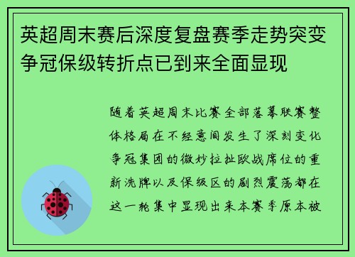 英超周末赛后深度复盘赛季走势突变争冠保级转折点已到来全面显现 英超周末赛后深度复盘赛季走势突变争冠保级转折点已到来全面显现