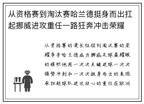 从资格赛到淘汰赛哈兰德挺身而出扛起挪威进攻重任一路狂奔冲击荣耀 从资格赛到淘汰赛哈兰德挺身而出扛起挪威进攻重任一路狂奔冲击荣耀